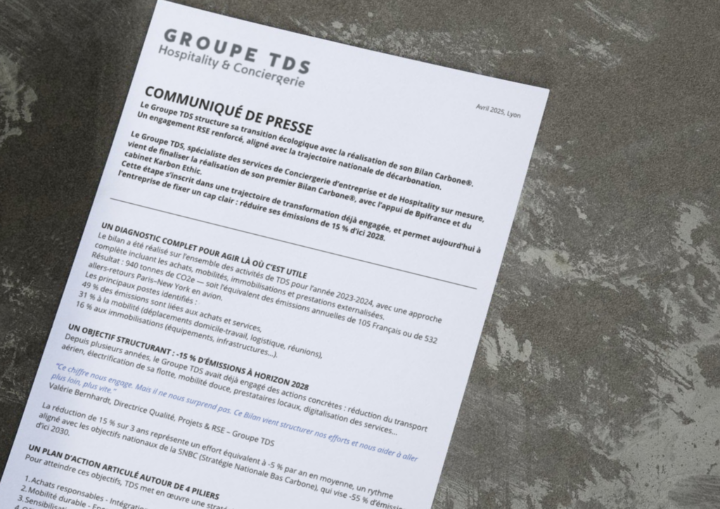 Communiqué de presse : Le Groupe TDS structure sa transition écologique avec la réalisation de son Bilan Carbone®